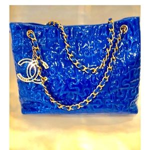 ***SOLD***Chanel Puzzle Quilted Patent Blue Leather Tote